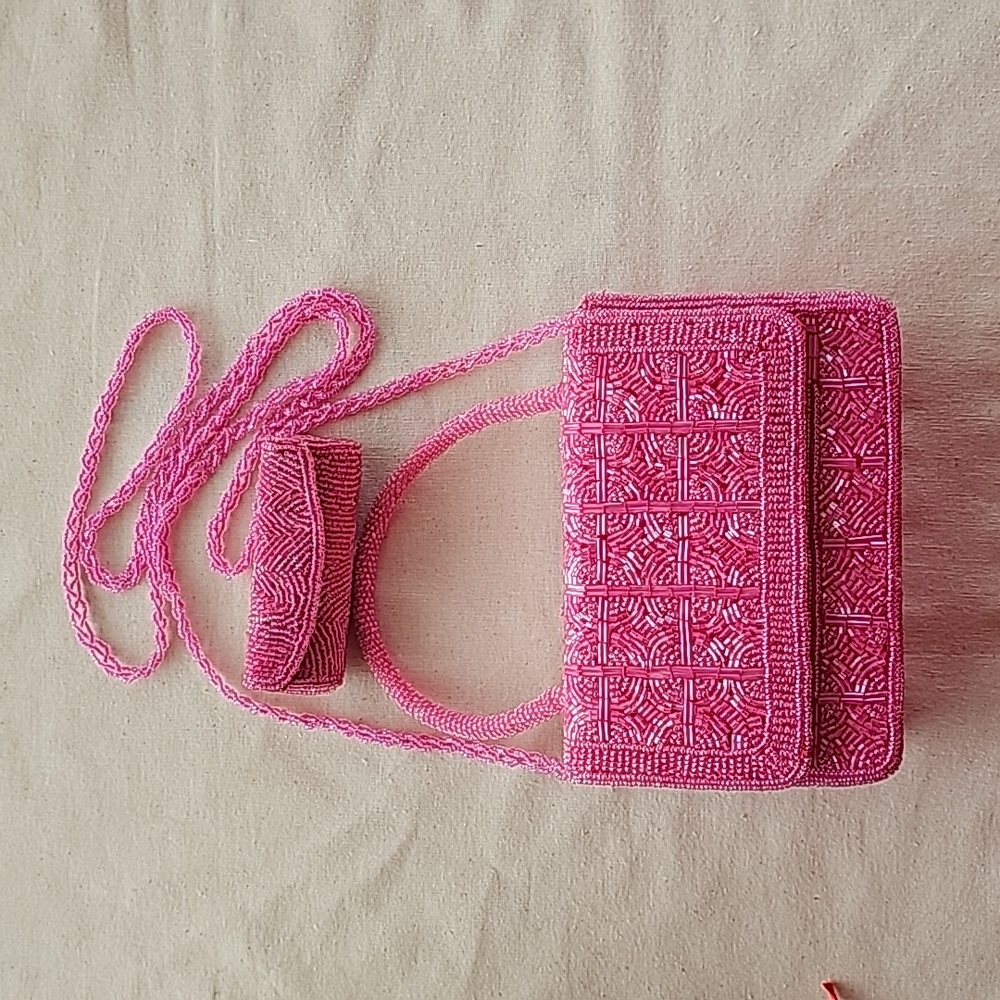 Pink Beaded Crossbody Handbag with Matching Lipstick Holder